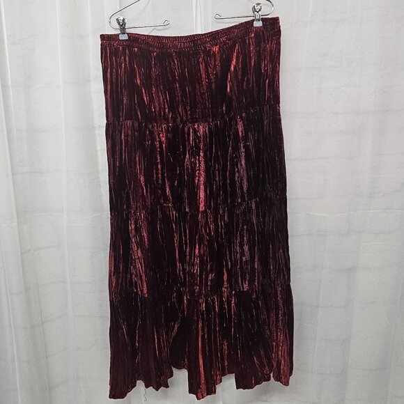 Vintage Express Burgundy Velour Maxi Skirt Boho Gypsy Tiered M - Picture 1 of 9
